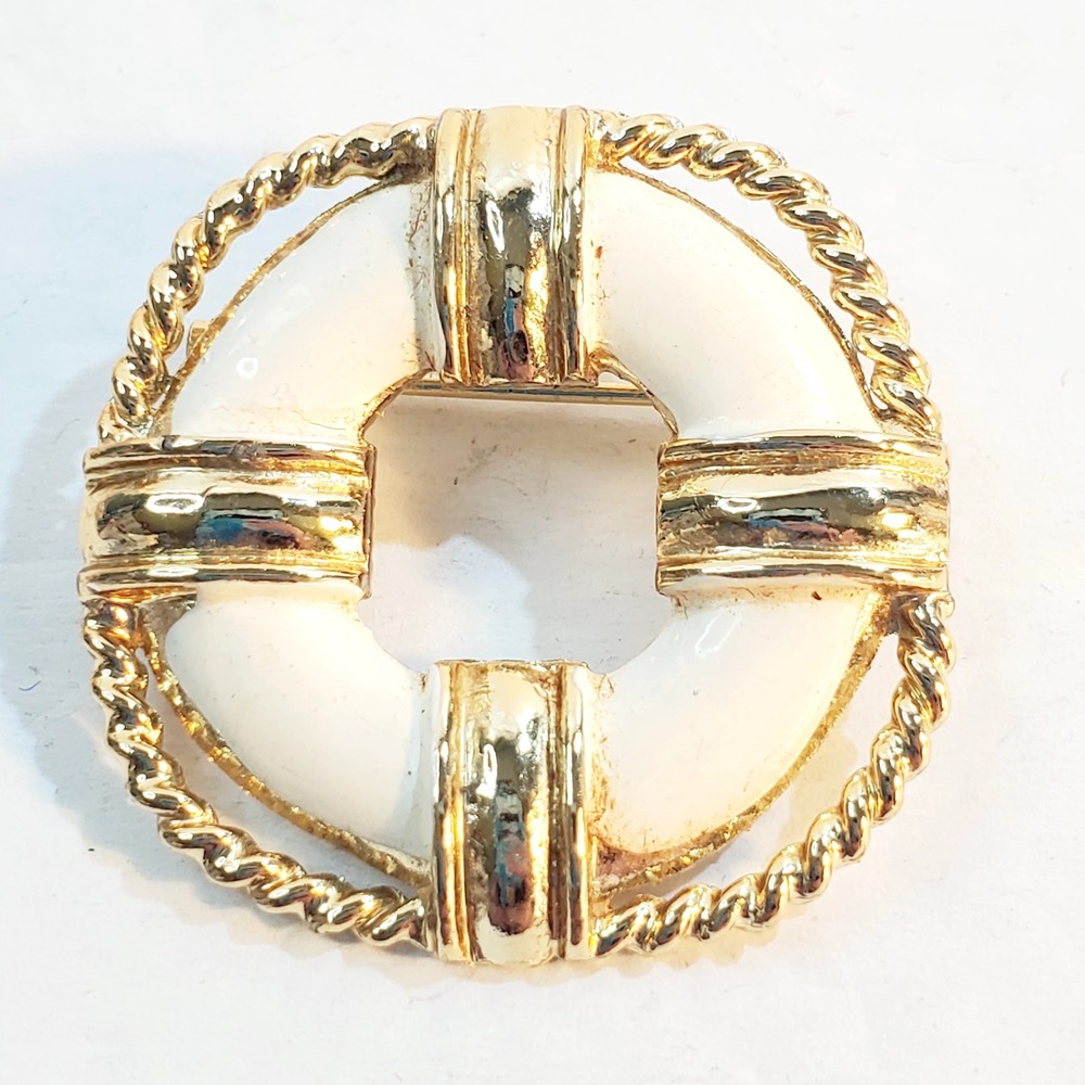 Vtg RNK R.N.K. Gold Tone White Enamel Nautical Life Preserver Buoy Brooch Pin
